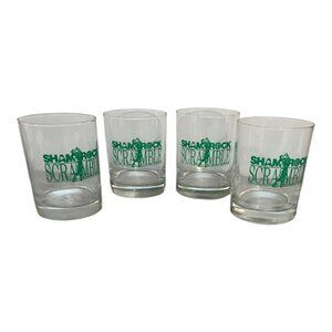 Shamrock Scramble Lowball Glasses Set Of 4 4" Tall Clear & Green
